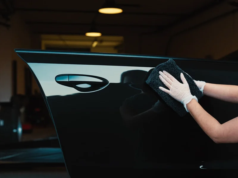 Mains polissant une portière avec une microfibre dans un garage faiblement éclairé